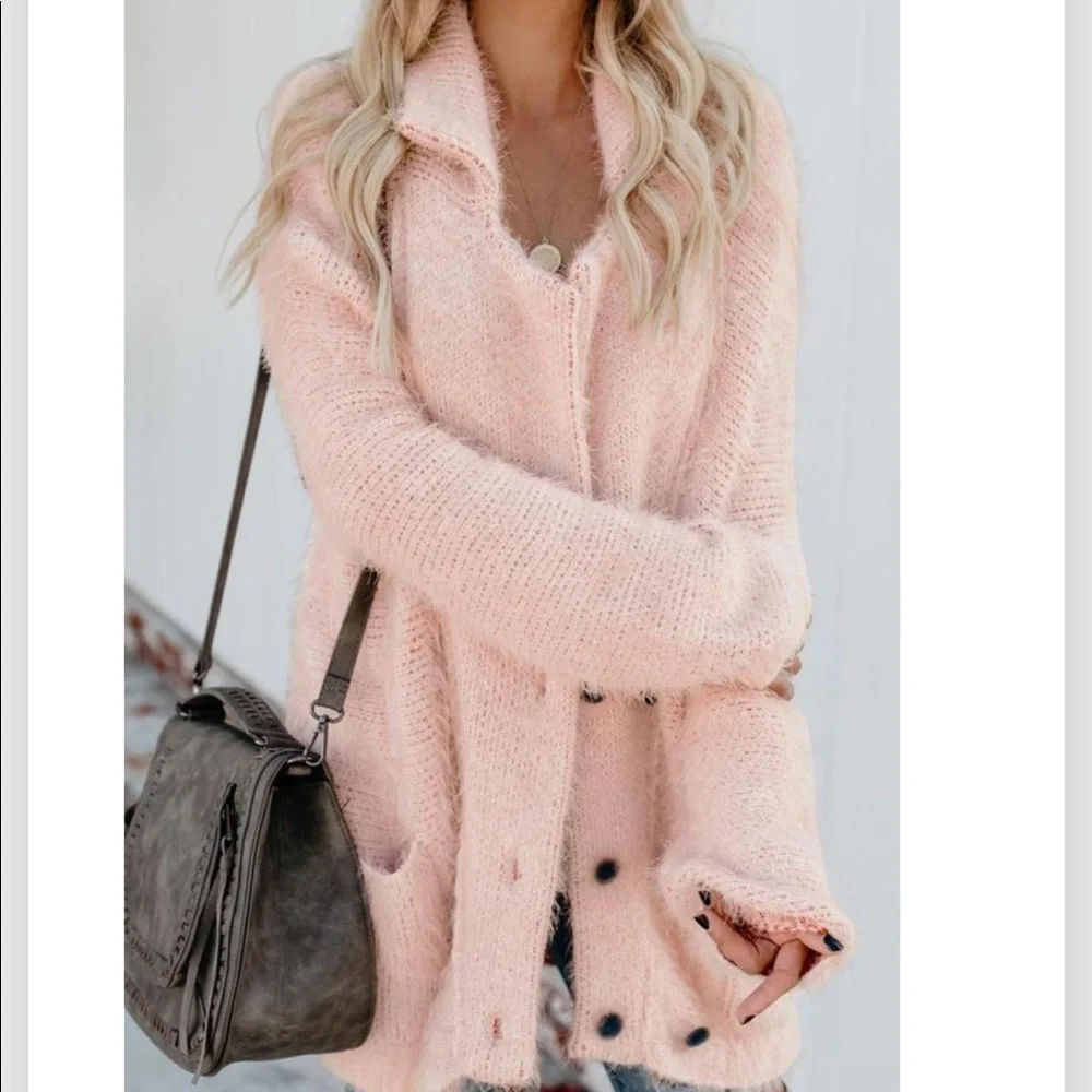 🔥COZY CARDIGAN🔥WARM FUZZY DOUBLE BREASTED POCKET CARDIGAN SWEATER PINK NWT - Picture 3 of 9